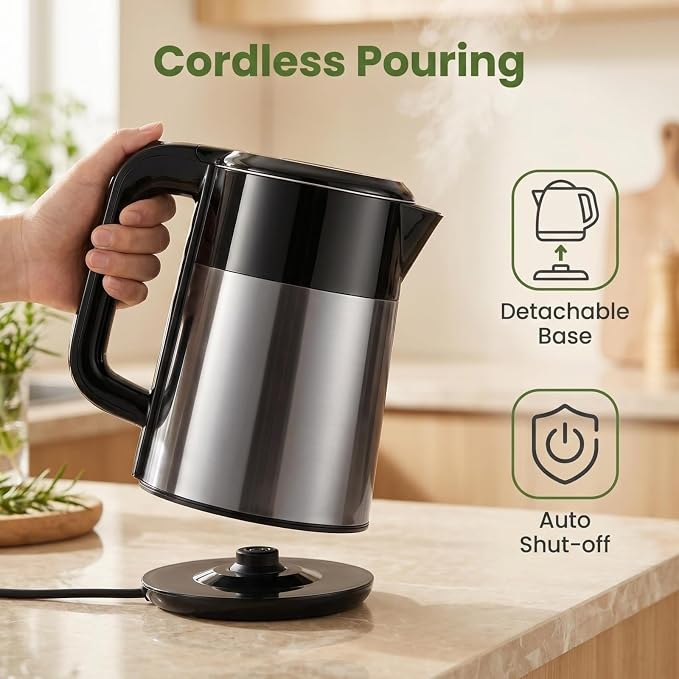 1L Small Travel Electric Kettle 1000W Portable Mini Hot Water Boiler | 304 Stainless Steel,Fast Boiling, Double Wall, Auto Shut-Off,Boil Dry Protection,Cordless 360° Base for Tea and Coffee