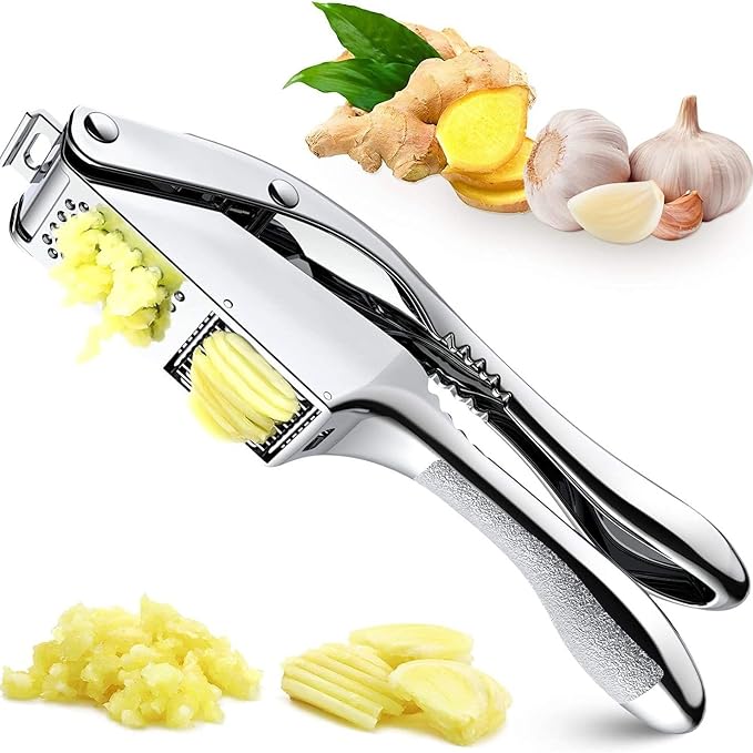 2-in-1 Stainless Steel Garlic Press & Ginger Slicer with Ergonomic Handle | Heavy Duty Stainless Steel, Ergonomic Handle, Garlic Mincer with Slicer Function, Dishwasher Safe, For Garlic, Ginger, Nuts