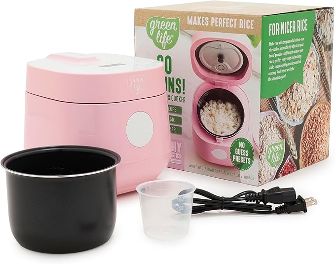GreenLife Digital Rice Cooker, 2-Cups Uncooked/4-Cups Cooked, Pink | PFAS-Free Ceramic Nonstick Coated 1.5QT Pot, One-Touch Presets, Oats, Quinoa, Brown Rice, Auto Warming, Fuzzy Logic Tech