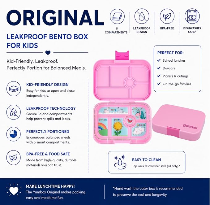 Yumbox Original Leakproof Bento Lunch Box - Lavande Purple Unicorn | 5 Compartments + built-in Dip Well, Lightweight, Compact, Easy Open Latch, Kid-Friendly