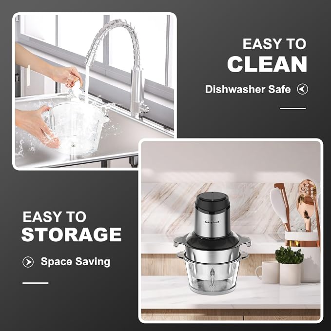 Sovyime Food Processor, 2‑Speed Electric Food Chopper & Small Meat Grinder | With 8Cup Stainless & 8Cup Glass Bowls, 2 Bi-Level Blades&. Great for Onion, Baby Food, Garlic, Nuts, Fruit, and Vegetables.