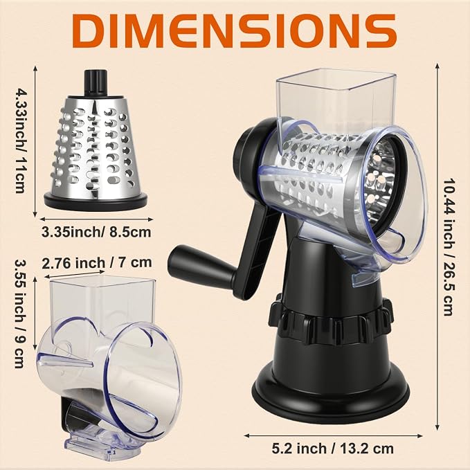 Rotary Cheese Grater Hand Crank, Vegetable Slicer with 3 Blades, Stable Suction, Labor-Saving Handle, Cheese Shredder for Potato Vegetables Nuts Chocolate, Black
