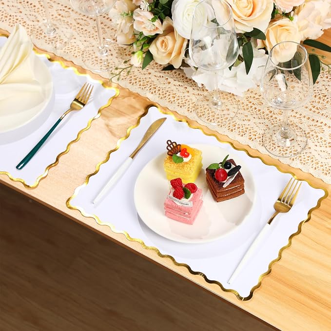 FoldTier 150 Pcs Disposable Paper Placemats Bulk 10"x14" Rectangle Place Mats with Scalloped Edges Dining Table Mat for Wedding Birthday Party Table Decoration(White)