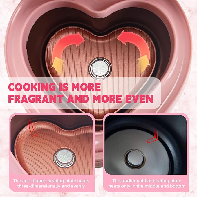 Peach Heart Shape Rice Cooker 8 Cup Cooked, 4 Cup Uncooked Rice, Multifunctional Pink Rice Cooker, 300w, with Preset Timer, 1.8L