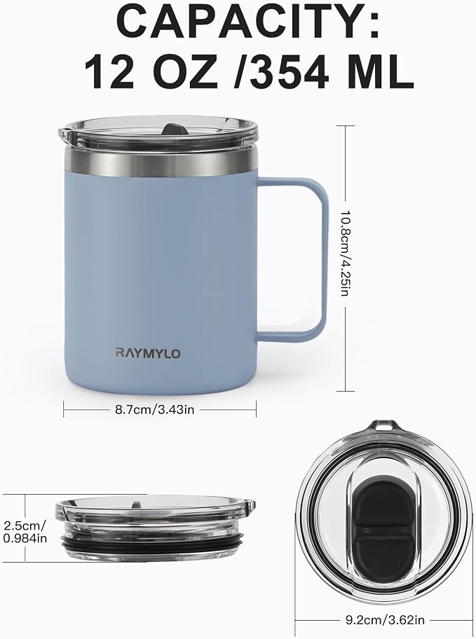 RAYMYLO Insulated Travel Coffee Mug with Handle, Coffee Tumbler Cup 12oz | Detachable Lid for Thoroughly Clean, Thermal Cup with Double-Wall Stainless Steel Vacuum Insulation, Spill Proof & BPA Free