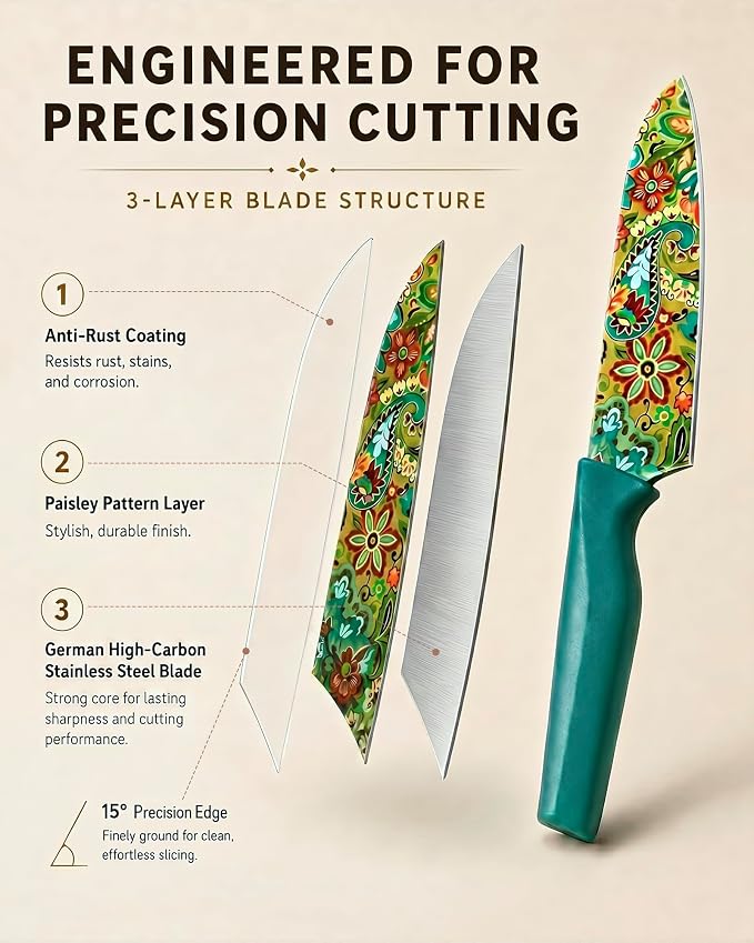 Astercook Paisley Pattern Knife Set with Cover | Dishwasher Safe, 6 Knife Sheath, German Stainless Steel, Rainbow Colorful Design