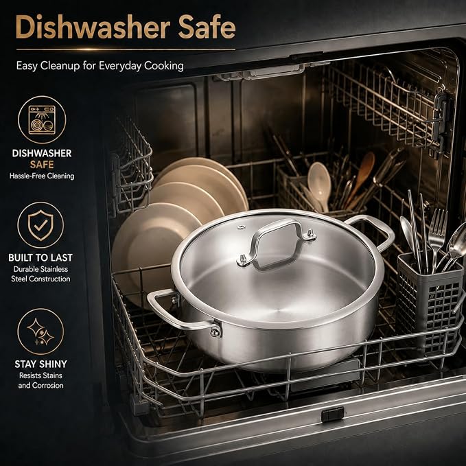 DELARLO Stainless Steel Pans,6QT Saute Pan,12 inch Everyday Pan with Lid,Dishwasher-Friendly Braiser,Stay-Cool Handles,Oven-Safe Up to 660℉