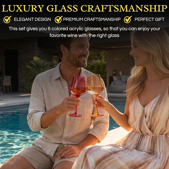 European Style Plastic Crystal, Stemmed Wine Glasses | 6 Set | Acrylic Glasses Tritan Drinkware, Unbreakable Color Shatterproof BPA-free Reusable, Outdoor, Pool Floating & Indoor, Hand Wash 15oz Gift