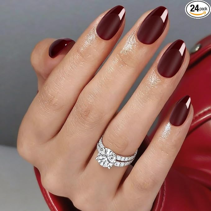 Press On Nails, Dark Red, Short Almond | Glossy French Tips, Matte,salon quality