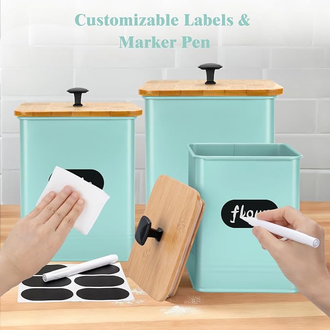 Kitchen Canisters Set of 3, Metal Flour Sugar Storage Containers with Airtight Lids-Canisters Sets for Kitchen with Customizable Chalkboard Labels & Marker Pen-Spice, Coffee Storage Jars(Blue)