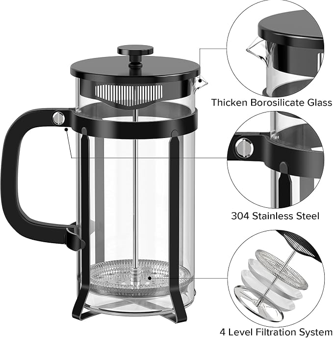 QUQIYSO French Press Coffee Maker 21oz,Borosilicate Glass Coffee Press | Thickened Glass Stainless Steel Coffee French Press,Easy to Clean,4 Filter Suitable for Kitchen Party Camping Gifts(Black)
