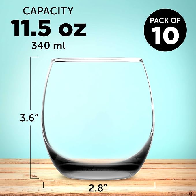 DISCOUNT PROMOS Mikonos Stemless Wine Glasses 11.5 oz. Set of 10, Bulk Pack - Restaurant Glassware, Perfect for Red Wine, White Wine, Cocktails - Black Bottom Color