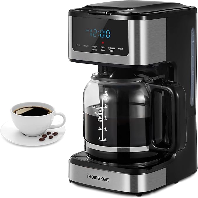 Ihomekee Coffee Maker, Programmable Drip Coffee Machine 12 Cup | Regular & Strong Brew Model, Iced Coffee Function for Home and Office, Black & Stainless Steel (Black,Silver)