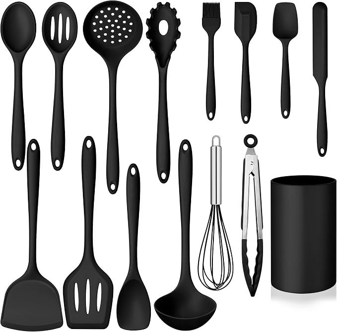 Homikit Silicone Cooking Utensil Set, 15pcs Kitchen Utensils with Holder | Black Silicone Spatula Set for Nonstick Cookware, Heat Resistant up to 446ºF, Nontoxic Baking Kitchen Tools, Dishwasher Safe
