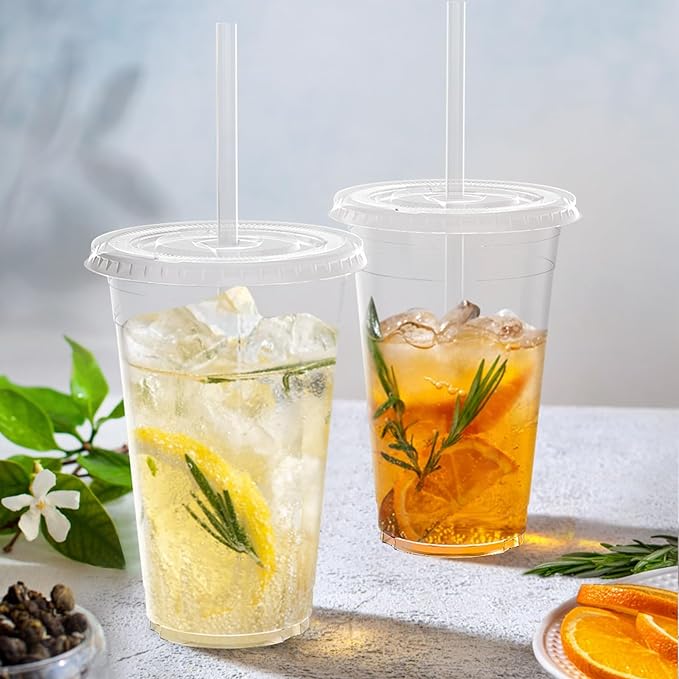 Dealusy 100 Pack - 20 oz Clear Plastic Cups with Lids and Straws | Sturdy & Food Safe Iced Coffee Cups with lids, Disposable Plastic Smoothie Cups for Cold Drinks