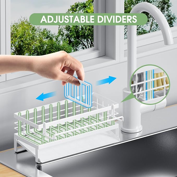 Kitchen Sink Caddy, Rustproof Self-Draining Sponge Holder, White | Metal Kitchen Caddy Sink Organizer, Detachable Dish Cloth Holder, Non-Slip Base, Kitchen Countertop Storage Accessories