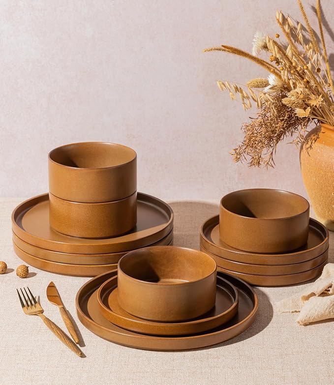 LERATIO Stoneware Dinnerware Sets for 6,18-Piece Matte Plates and Bowls Set | Handmade High Edge Rim Dish Set,Oven & Microwave,Dishwasher Safe,Scratch Resistant-Caramel
