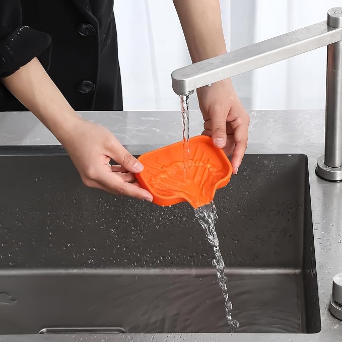 MicoYang Silicone Soap Dish with Drain Spout, Self-Draining Sink Organizer Tray for Bathroom and Kitchen, Sponges, Dispensers and Soap Holder, Non-Slip and Dishwasher Safe, Orange (Compact, 4.9"×3.2")