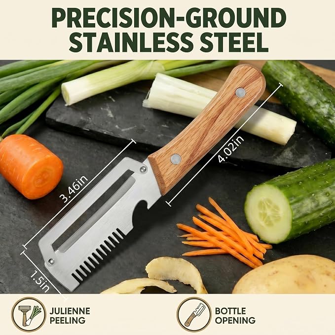 All-in-One Vegetable Peeler for Kitchen: Scallion Shredder | Stainless Steel Wooden Handle - Includes Bottle Opener Grater Dish Cloth & Hook - Multi-Functional for Potatoes