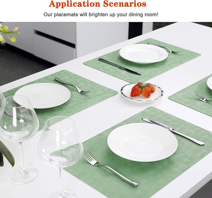 Green Vinyl Placemats Set of 6 Waterproof Wipeable Table Mats | Heat Resistant Easy Clean Place Mats Faux Leather Table Mats Washable PVC Table Placemats for Dining Table