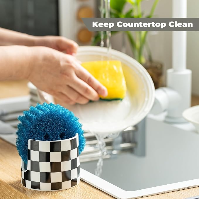 Zoeeker Sponge Holder for Kitchen Sink, Ceramic Checkered Dish Sponge Rack | Dish Brush Holder Farmhouse Kitchen Drying Rack Scrubby Caddy Kitchen Organizer for Scrubber, Bathroom, Sink, Black and White
