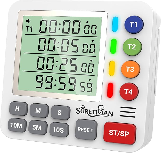 Digital Kitchen Timer with 4 Channel, Loud Alarm and Silent Mode | Magnetic Cooking Timer with Count Up & Countdown for Kids and Seniors, Large Display to Read, Auto Memory, Battery Included