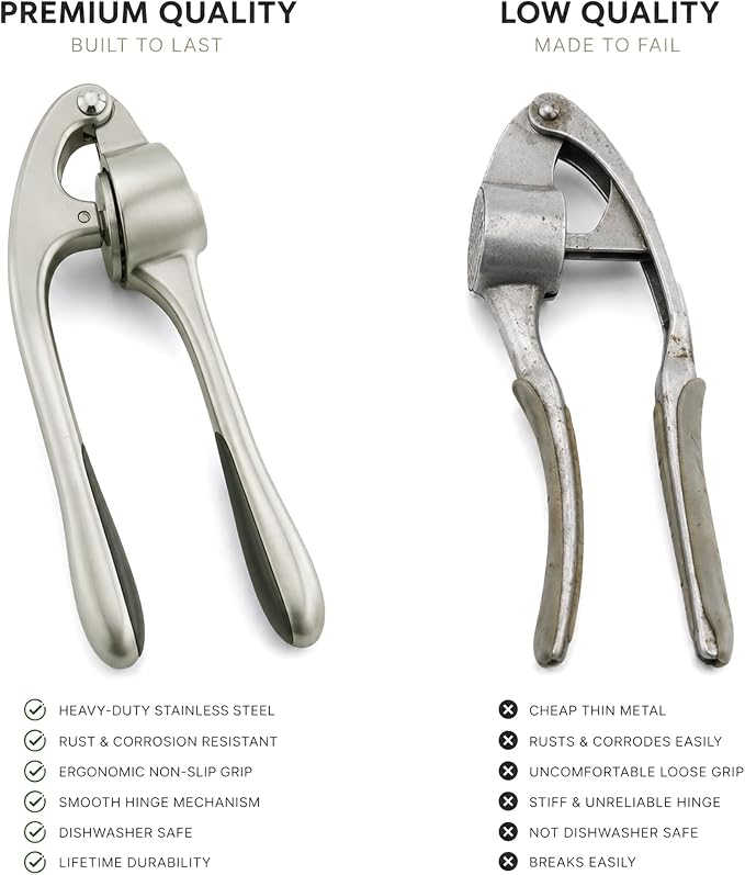 Heavy Duty Garlic Press with Zinc Alloy Handle & Stainless Steel Chamber, 61 Holes Garlic Mincer & Crusher, No Peeling Required, Includes Silicone Garlic Peeler & Cleaning Brush, Silver