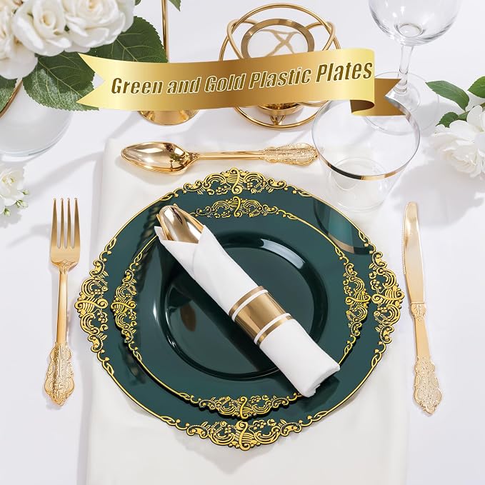 Nervure 175Pcs Green Plastic Plates, Disposable Party Plates for 25 Guests | 25 7.5" Dessert & 25 10.25" Dinner Disposable Plates, 75 Gold Cutlery, 25 9oz Cups, 25 Napkin for Wedding & Party, BPA-free