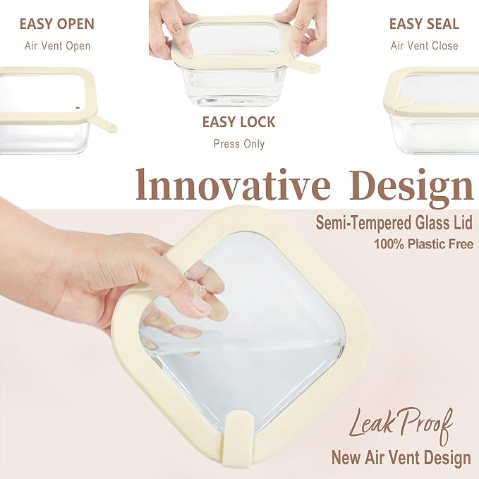 Glass Food Storage Containers with Glass Lids, Microwave Safe Food Container Set, Airtight Meal Prep Containers, LeakProof, 100% Plastic Free, 6 Pack