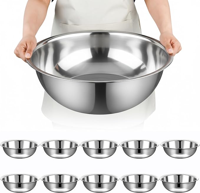 10 Pcs Stainless Steel Mixing Bowls Metal Mixing Bowls Extra Large Basin Salad Bowl with Deeper Edge, Dishwasher Safe, Mirror Finish for Home and Commercial, Silver (13 Inch 7 Qt)