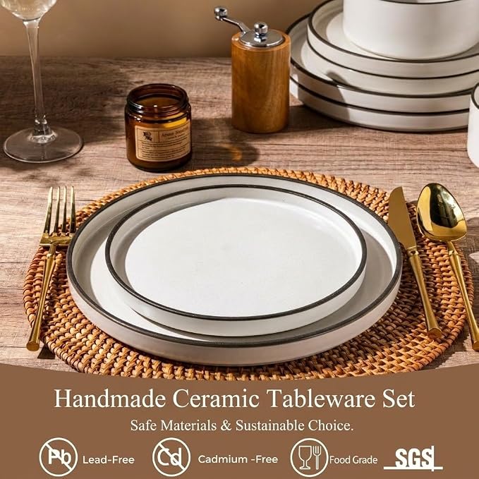 LERATIO Stoneware Dinnerware Sets for 6,18-Piece Matte Plates and Bowls Set | Handmade High Edge Rim Dish Set,Oven & Microwave,Dishwasher Safe,Scratch Resistant-Creamly White