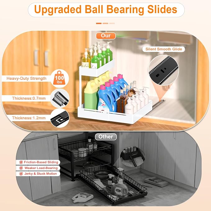 YJHome 2 Pack Expandable Under Sink Organizer, 2 Tier Pull Out Cabinet Organizer with Smooth Ball Bearing Slides, Adjustable Height Cabinet Storage Shelves for Kitchen, Bathroom, Laundry, Pantry