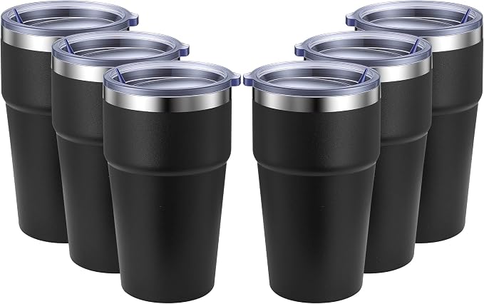 MEWAY 16oz Tumbler Double Wall Vacuum Insulated Travel Mug Bulk, Stainless Steel Tumblers with Lid, Powder Coated Coffee Cups for Cold & Hot Drinks (Black,6 Pack)