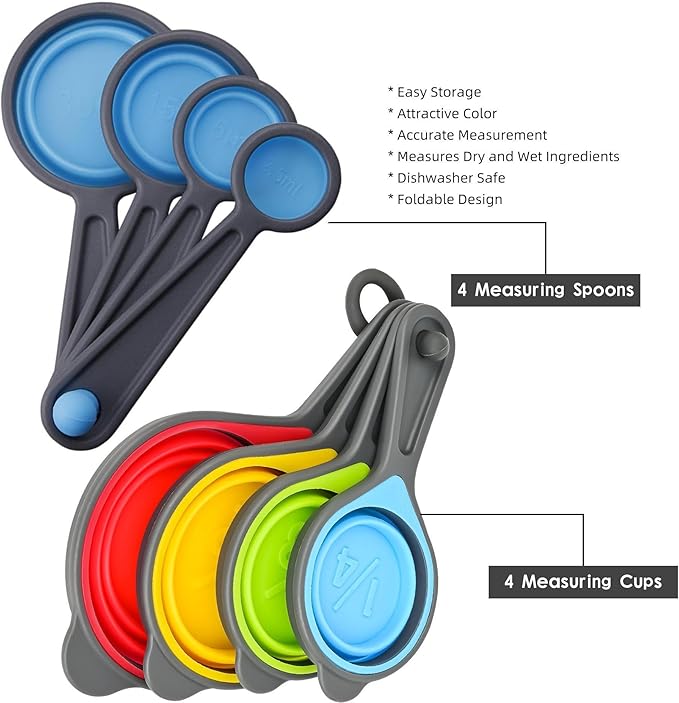 Measuring Cups and Spoons set, Collapsible Measuring Cups, 8 pieces Measuring Cups&Spoons Set, Engraved Metric & US Markings for Liquid&Dry Measuring, Space Saving, BPA Free Colorful Silicone