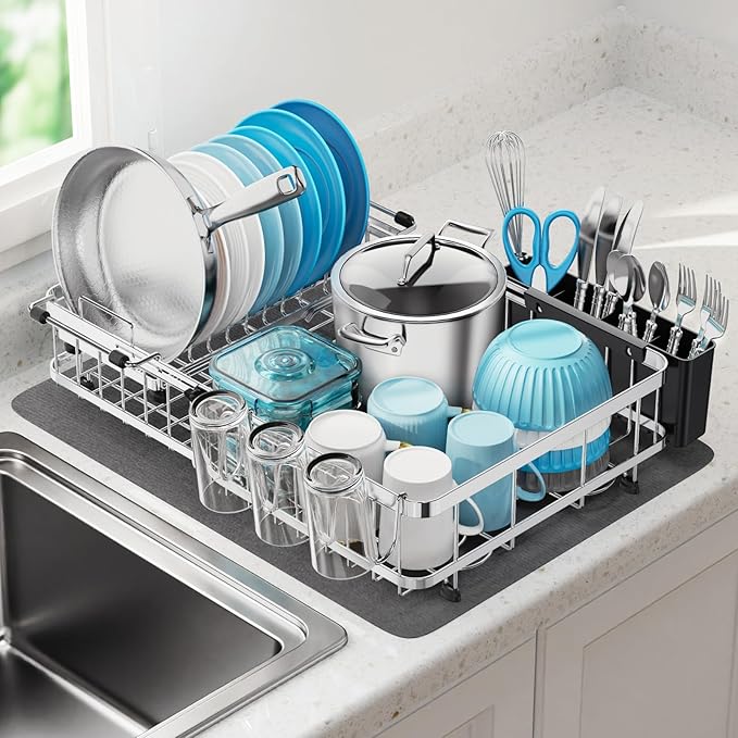 Large Capacity Dish Rack - Expandable 2-Piece Countertop Set, Silver | Expands 16.5-21.5 in, Holds Pots & Plates, Cup & Utensil Holders, Absorbent Mat, Removable Over-Sink Rack, Stainless Steel