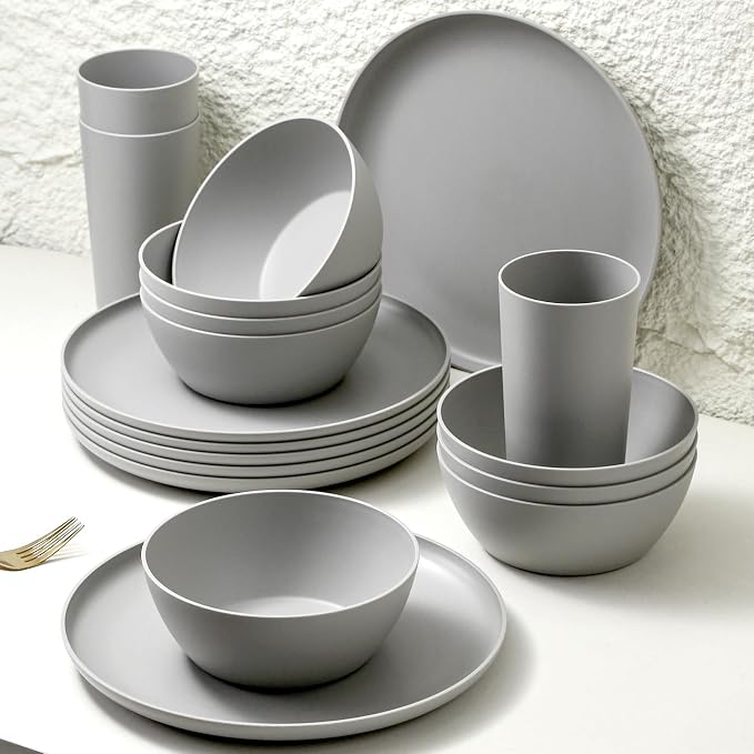 24pcs Matte Gray Dinnerware Set, Plates, Bowls & Cups, Unbreakable Dishes for 8, Reusable BPA‑Free Tableware, Dishwasher Safe for Kitchen, Party, Picnic & Camping, Bonus Cutlery Set Included