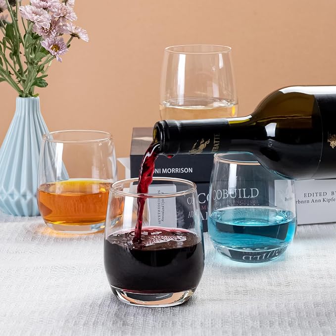 Red Wine Glasses, Stemless Wine Glasses Set 4, Glasses 12 oz, Smooth Rim Wine Glass Set, Cute Wine Glasses, Perfect for Wedding, Anniversary or Christmas Holiday Gifts