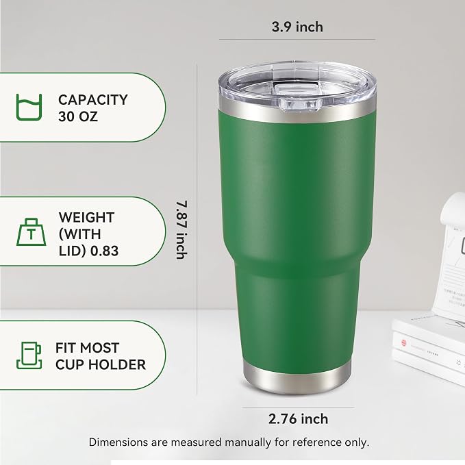 30 oz Tumbler with Lid Stainless Steel Tumblers Bulk, 4 Pack | Vacuum Insulated Cup, Leak Proof Lid, Powder Coated Travel Mug, Double Wall, Keep Cold Drinks for 12 Hours, Dark Green