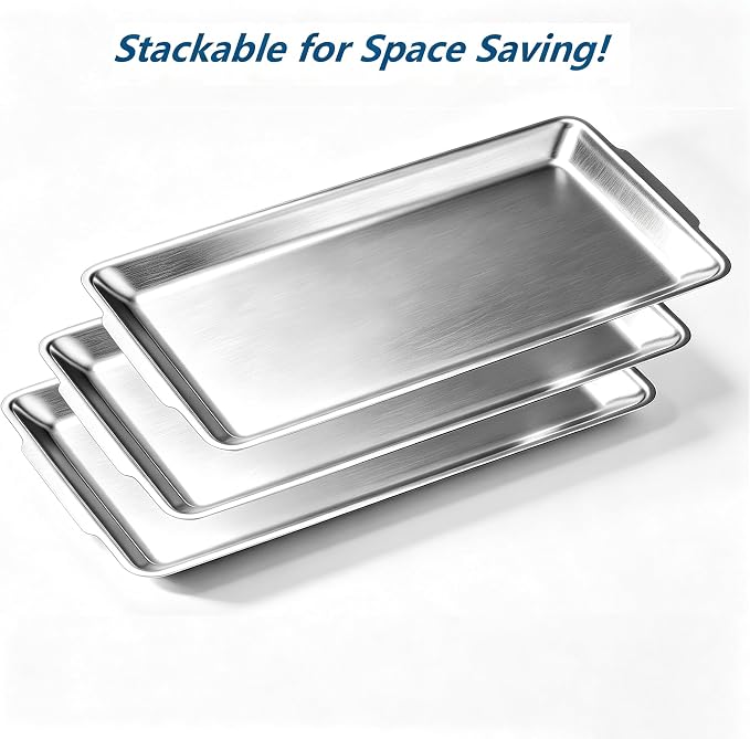 12.6" x 6.3" Dessert Tray Pastry Tray Set of 3, Stainless Steel Heavy-Duty Serving Trays, Silver Rectangular Plates for Food, Fruit, Party, Wedding, Christmas, Chip and Scratch Resistant