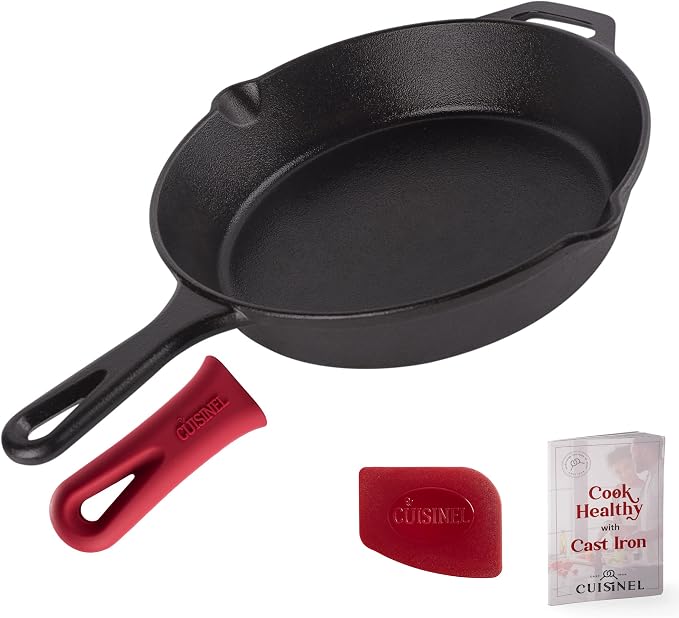 Cast Iron Skillet - 10"-Inch Frying Pan with Pour Spouts + Pan Scraper + Silicone Grip Handle Cover Holder - Pre-Seasoned Oven Cookware - Indoor/Outdoor Use - Stovetop, Induction. PFAS and PFOA-free