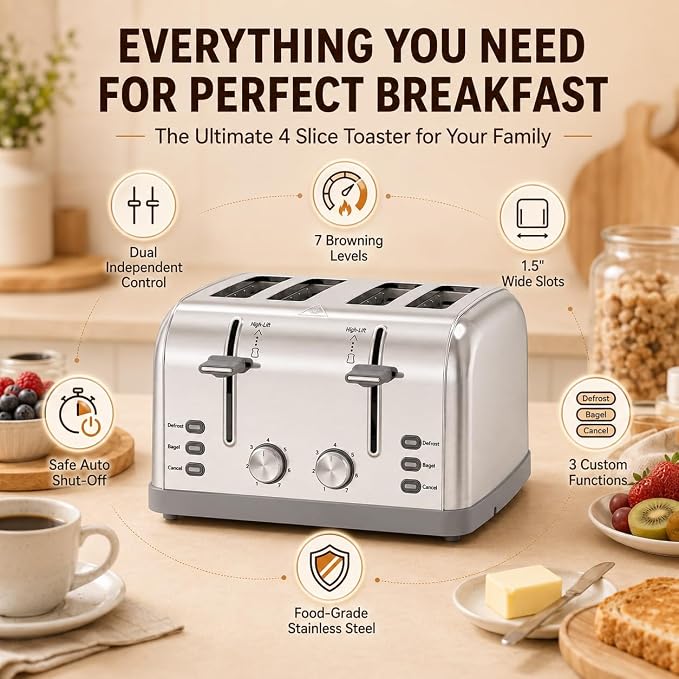 Toaster 4 Slice Retro Stainless Steel,Best Prime 4 Slice Toaster Wide Solt with 7 Shade Settings, Perfect for Waffles, Bagels and More Lainsten T-527