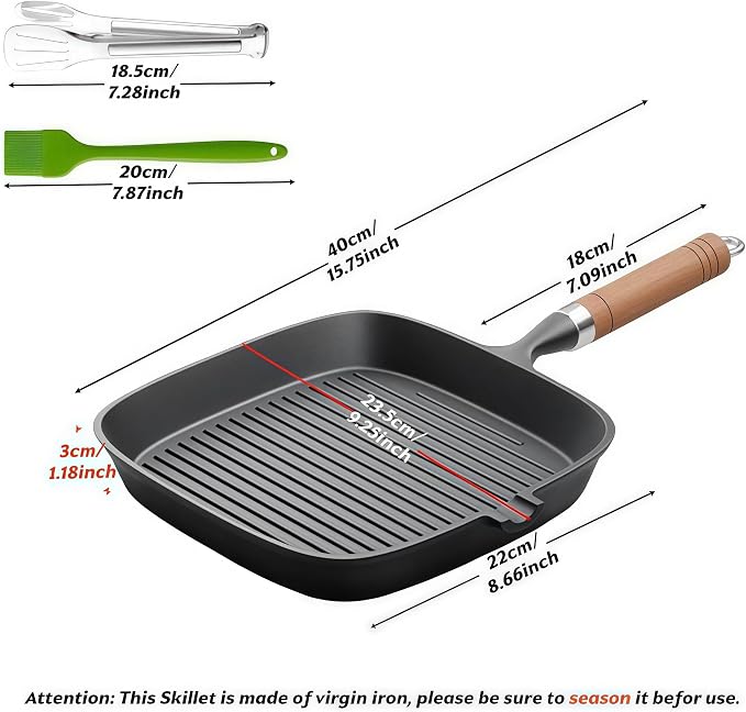 Cast Iron Grill Pan 9 Inch Griddle Pan Skillet with Kitchen Tong & Brush for Steak Searing