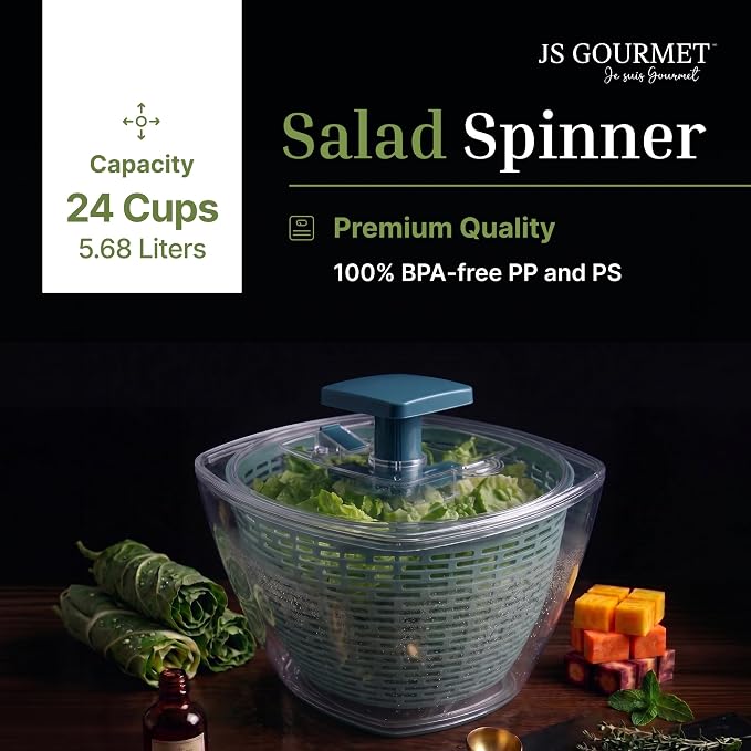 JS Gourmet Manual Salad Spinner with Strainer Basket - 5.68L (24 Cup) | BPA-Free Push Vegetable Spinner, Durable Kitchen Gadget, Easy Spin Dryer Bowl for Lettuce, Fruits & Greens