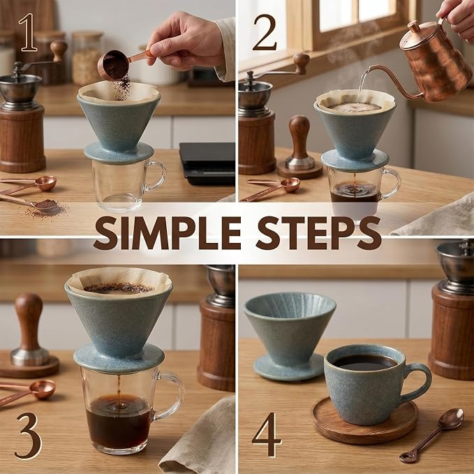 DIF DECO Ceramic Pour Over Coffee Dripper, Reusable Porcelain Portable Pour Over Coffee Maker, Slow Brewing Accessories with 1 Holes for Home, Office, Travel, Camping (Blue)