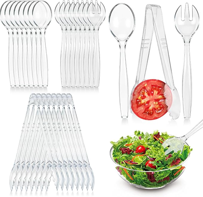 CXPSINC Disposable Plastic Serving Utensils Set 18-Piece, Including 6 Clear Plastic Serving Spoons, 6 Tongs & 6 Forks, Disposable Serving Utensils For Catering Buffets Events (Clear, 18pcs Utensils)