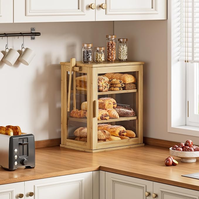 WOWLIVE Bread Box for Kitchen Countertop, 3 Layers Bread Storage Container | Large Bamboo Bread Bin for Homemade Bread with Window, Farmhouse Breadbox Organizer for Kitchen, Cabinet, Natural, Meduim