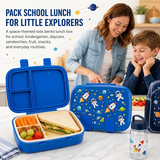 MISS BIG Kids Bento Lunch Box, Blue Astronaut, Microwave Safe, 800ml | Boys school lunch box with 3 sections for daycare, preschool, kindergarten, sandwiches, fruit, yogurt, dips, and snacks