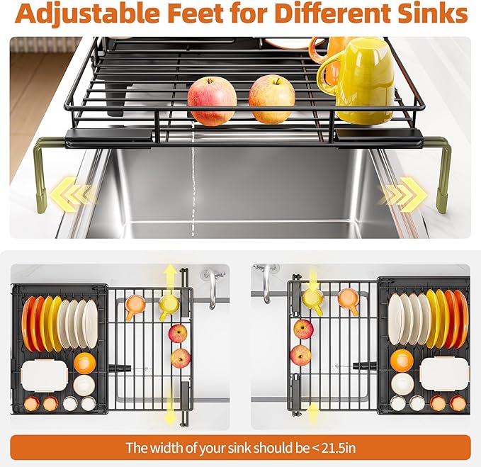 Urackify Expandable Sink Dish Drying Rack for Kitchen Counter, 1-Tier Black | Large Dish Racks, Sink Dish Drainer, Rustproof Dish Strainer with Utensil Holder, 12.3"-20.5" L x 15"W