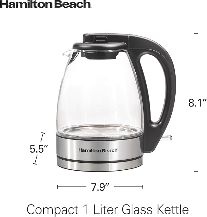 Hamilton Beach 1 Liter Electric Tea Kettle, Water Boiler & Heater | Fast Boiling 1500 Watts | BPA Free | Cordless Serving | Auto-Shutoff & Boil-Dry Protection | Blue LED | Clear Glass