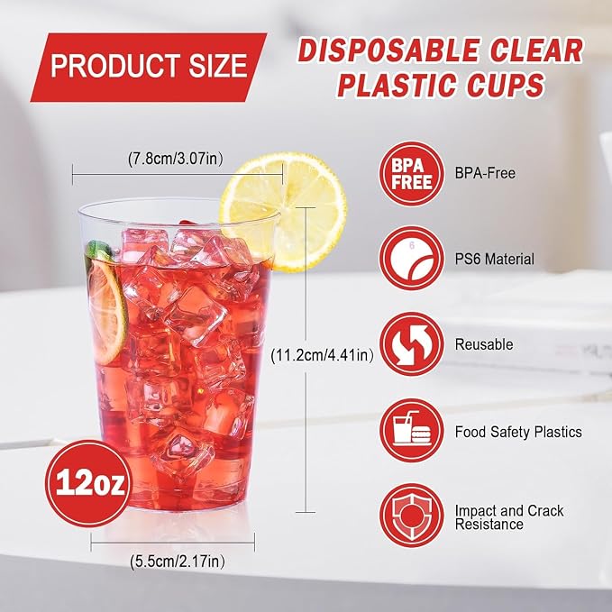 BYSNOW 300 Pack 12 oz Clear Plastic Cups, Disposable Plastic Cocktail Cups | Disposable Heavy Duty Clear Drinking Cups, Hard Punch Plastic Wine Glasses Cups for Party, Wedding, Home, Soda, Juice